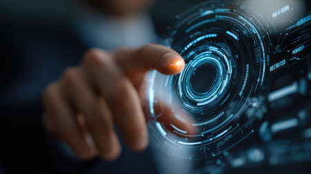 A close-up view of a hand reaching towards a holographic digital interface, showcasing modern technology and interactive designs for innovation enthusiasts.の素材