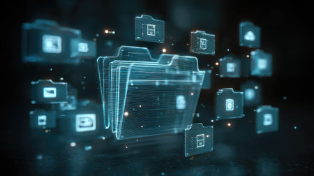 A visually striking digital illustration showcasing virtual folders and icons, representing a futuristic approach to data storage and management systems.の素材