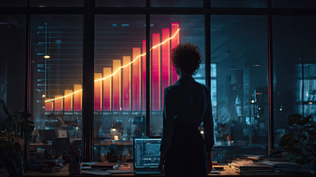 A businesswoman stands in a modern office, attentively analyzing data visualization on a screen, representing growth and success in her field.の素材