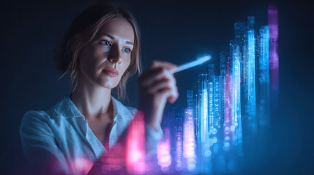 A focused businesswoman analyzes digital data trends in a modern, futuristic setting. The image captures her engagement with innovative technology.の素材