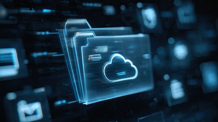 This image showcases a futuristic concept of data storage highlighting cloud technology and digital file organization in a modern, technology-driven environment.の素材