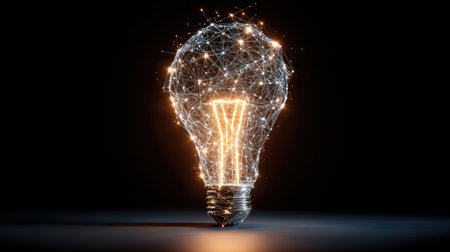This captivating image features a glowing light bulb composed of intricate network connections, representing innovation and creativity in modern technology.の素材