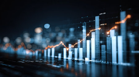 Explore a visually engaging representation of financial growth marked by chart patterns and data visualizations, perfect for business and finance themes.の素材