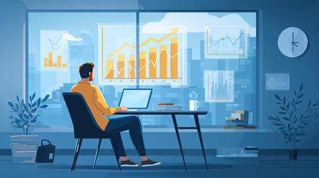 A professional man is working on his laptop in a modern office. He is surrounded by graphs and charts displaying data, signifying growth and progress.の素材
