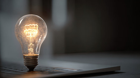 A captivating image of a light bulb casting a warm glow on a laptop keyboard, representing the fusion of creativity and technology in a modern workspace.の素材