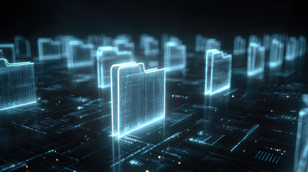 This stunning digital artwork depicts glowing folder icons within a high-tech environment, highlighting modern data storage and processing technology.の素材
