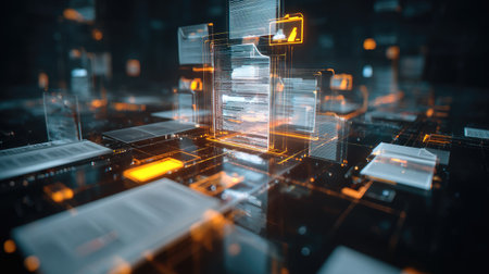 Captivating digital workspace featuring floating documents and glowing data connections, representing advanced technology and high-tech innovation.の素材