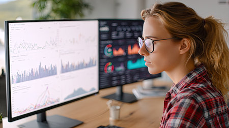 A dedicated young woman is intently analyzing financial data displayed on multiple screens in a contemporary office, highlighting productivity and focus.の素材