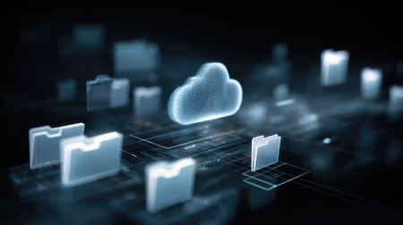 This image illustrates an abstract view of cloud computing with glowing digital folders and a network setup, symbolizing modern data storage and connectivity.の素材