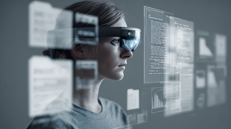 A young woman engages with augmented reality technology, wearing AR glasses that display various digital graphics and information, showcasing modern innovation.の素材