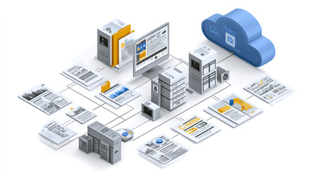 Explore the concept of digital data management illustrated with cloud storage, servers, and computers sharing information seamlessly in technology.の素材