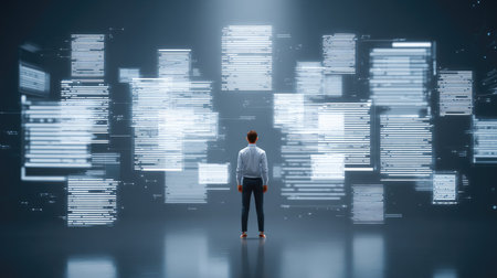 A professional person stands in a modern workspace, surrounded by abstract representations of digital data and technology, symbolizing innovation and analysis.の素材