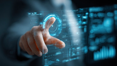 A professional hand interacting with a futuristic touchscreen display showcasing data visualization, highlighting technology's role in modern business environments.の素材