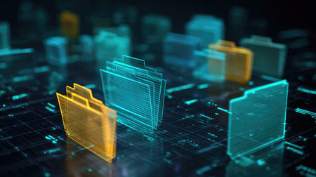 This captivating image showcases a futuristic concept of digital storage with holographic file folders against a dark backdrop, symbolizing data management.の素材