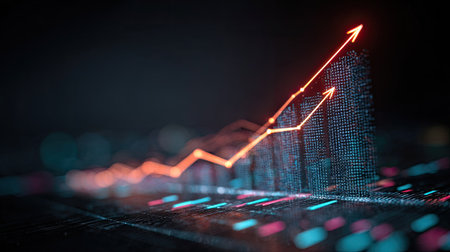 This abstract image features a digital chart with glowing data points and an upward trajectory, symbolizing growth and progress in finance and technology.の素材
