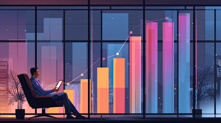 A business professional sits in a modern office chair, analyzing data on a smartphone. The night view showcases vibrant graphs and charts, symbolizing growth and success.の素材