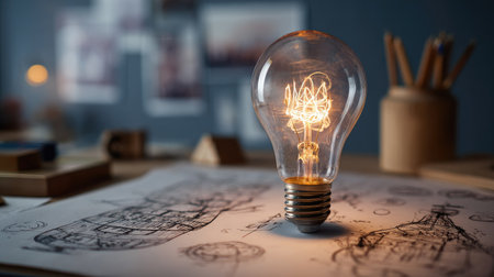 A glowing light bulb illuminates detailed artistic sketches on a desk, surrounded by design tools. The warm light creates an inspiring atmosphere for creativity.の素材