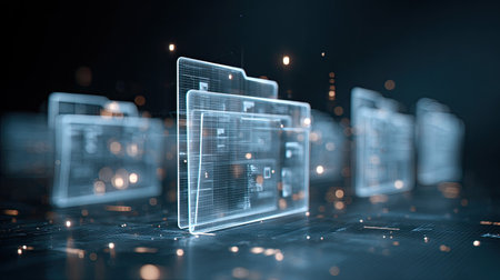This stock image captures the essence of futuristic digital folders appearing in a virtual environment, surrounded by glowing lights and data streams. Perfect for technology themes.の素材