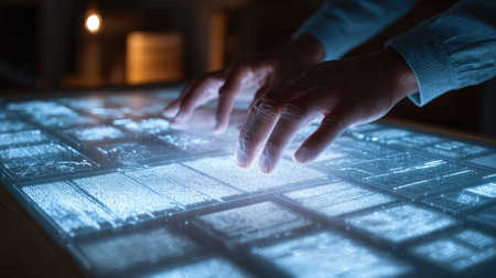 A close-up view of hands interacting with a futuristic touchscreen display filled with digital data in a dimly lit environment, showcasing modern technology integration.の素材