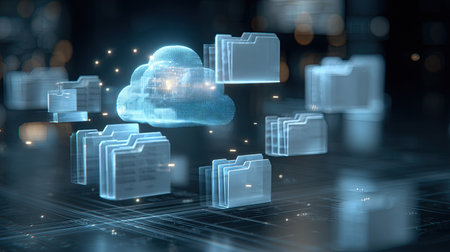 An engaging digital cloud storage concept featuring floating file folders that represent modern data management in a tech-driven environment.の素材