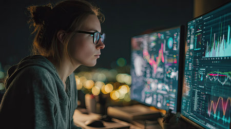 A young woman intently analyzes stock market data on dual monitors in a modern office at night, with city lights providing an inspiring backdrop for her work.の素材