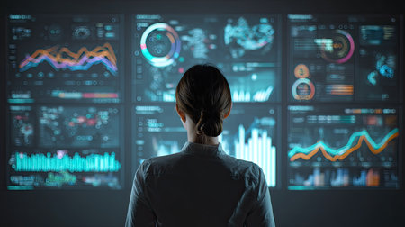 A professional woman stands before multiple digital screens displaying complex data visualizations, showcasing diverse business metrics and trends.の素材