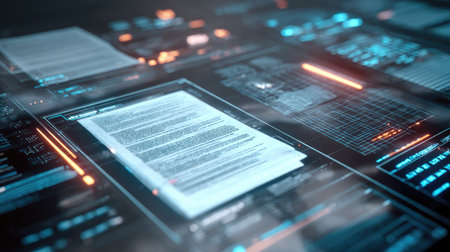A high-tech digital interface showcasing floating documents and data visualizations, ideal for illustrating innovative technology and workspace concepts.の素材