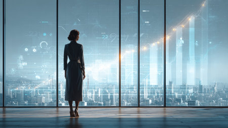 A businesswoman stands in a modern office, gazing out at a vibrant city skyline. Visual data displays indicate growth trends and market analysis, embodying innovation and strategic vision.の素材