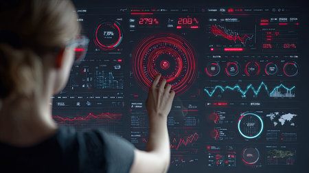 A focused woman engages with an advanced digital dashboard featuring intricate data visualizations, metrics, and analytical graphs, showcasing modern technology's potential.の素材