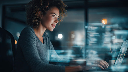 A young woman with curly hair sits at her laptop in a modern office, focused on her work late at night, illuminated by screen light and surrounded by data.の素材