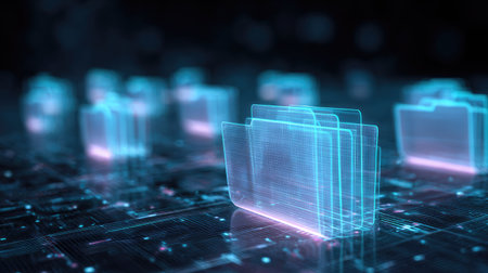 This image showcases a futuristic digital file storage concept featuring glowing transparent folders against a circuit board background, symbolizing innovative data management.の素材