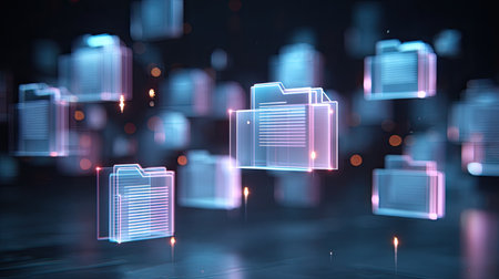 Embrace the essence of modern technology with this artistic representation of digital folders illuminated in a futuristic space, showcasing innovation in data management.の素材