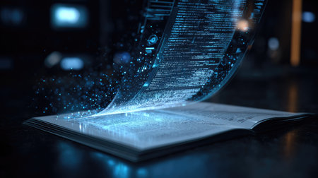 A conceptual image showcasing the transformation of knowledge through a digital lens, with a partially blurred book page revealing glowing data elements in an abstract futuristic environment.の素材