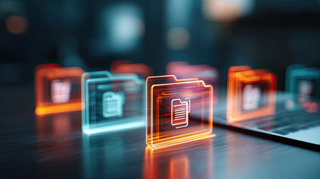 Captivating digital storage concept showcasing neon-lit folders and documents on a sleek modern workspace, emphasizing organization and innovation in data management.の素材