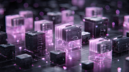 A captivating visualization of digital blocks with glowing edges, showcasing a vibrant and futuristic technology environment filled with illumination.の素材