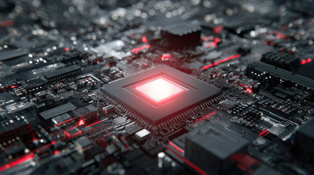 This captivating close-up image showcases a microchip on a circuit board illuminated in vibrant red hues against the intricate black background, evoking a sense of advanced technology and innovation.の素材