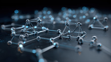 This image portrays an abstract view of molecular structures, emphasizing connectivity and depth in a modern scientific setting. Ideal for technology and research themes.の素材