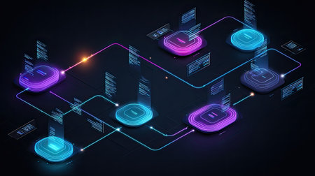 A stunning depiction of a futuristic digital circuit featuring vibrant neon lines and data transfers, set against a dark backdrop. Ideal for technology themes.の素材