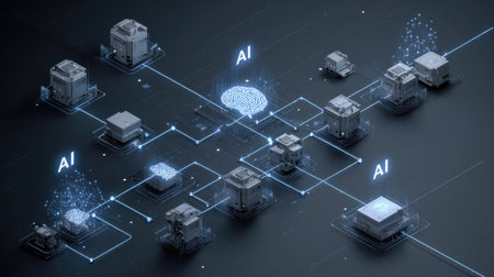 This image illustrates an advanced layout of artificial intelligence data processing, showcasing neural network architecture and modern technological elements.の素材