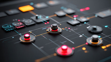 Close-up view of a sleek dark interface dashboard, showcasing colorful control buttons and dials. Ideal for technology and engineering projects.の素材