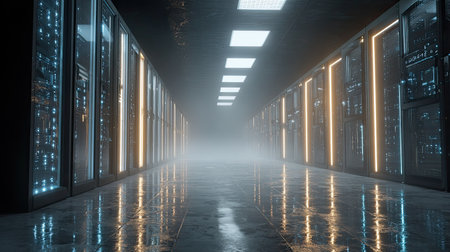 This image showcases a futuristic data center aisle featuring glowing server racks and a mysterious fog, creating a high-tech atmosphere ideal for technology-related projects.の素材