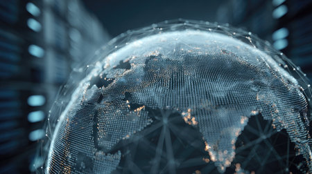 A stunning digital illustration of Earth depicted as a globe, surrounded by intricate network lines and data nodes, set against a futuristic server backdrop.の素材