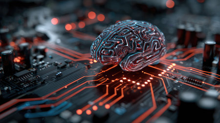This striking image features a futuristic brain design placed atop a circuit board, symbolizing the intersection of technology and artificial intelligence in modern innovation.の素材