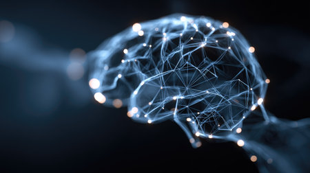 This abstract image features a digital representation of the human brain, showcasing glowing connections in a network design, symbolizing intelligence and technology.の素材