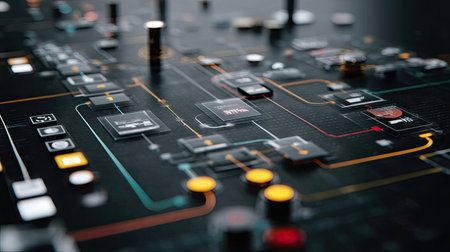 A stunning close-up of an abstract electronic circuit board showcasing glowing components and colorful lines on a dark background, symbolizing technological innovation and connectivity.の素材
