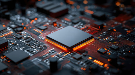 This close-up image showcases a modern computer circuit board featuring an integrated circuit. The illuminated details and intricate circuitry highlight advanced technology and innovation.の素材