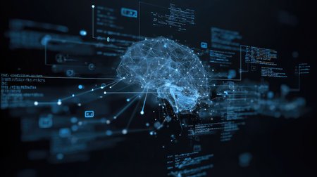 This image illustrates a digital brain interconnected with coding elements and network structures, symbolizing innovation in technology and artificial intelligence.の素材