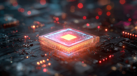 This image showcases a glowing microchip at the center of a circuit board, surrounded by intricate details and luminous elements, representing advanced technology.の素材