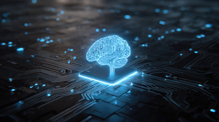 A striking representation of a brain composed of digital circuits and glowing neon elements, symbolizing the intersection of artificial intelligence and technology.の素材