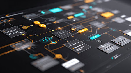 Futuristic data flow diagram showcasing a complex network of connections and elements. Ideal for technology concepts and digital visual communication.の素材